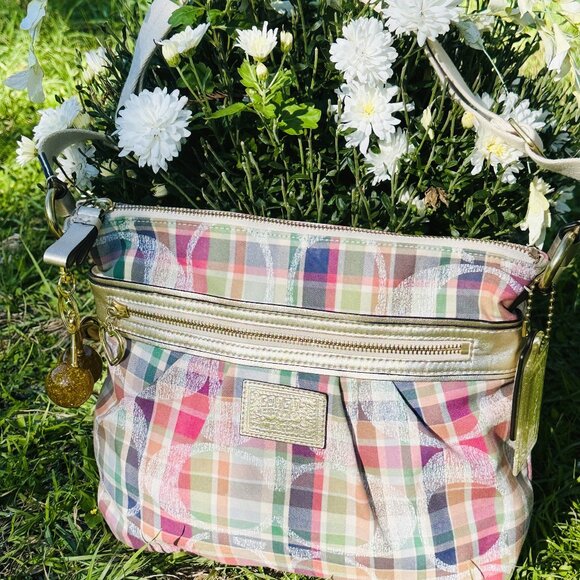 Coach Poppy Daisy Madras Pastel Tartan Plaid Crossbody Purse - Picture 2 of 16
